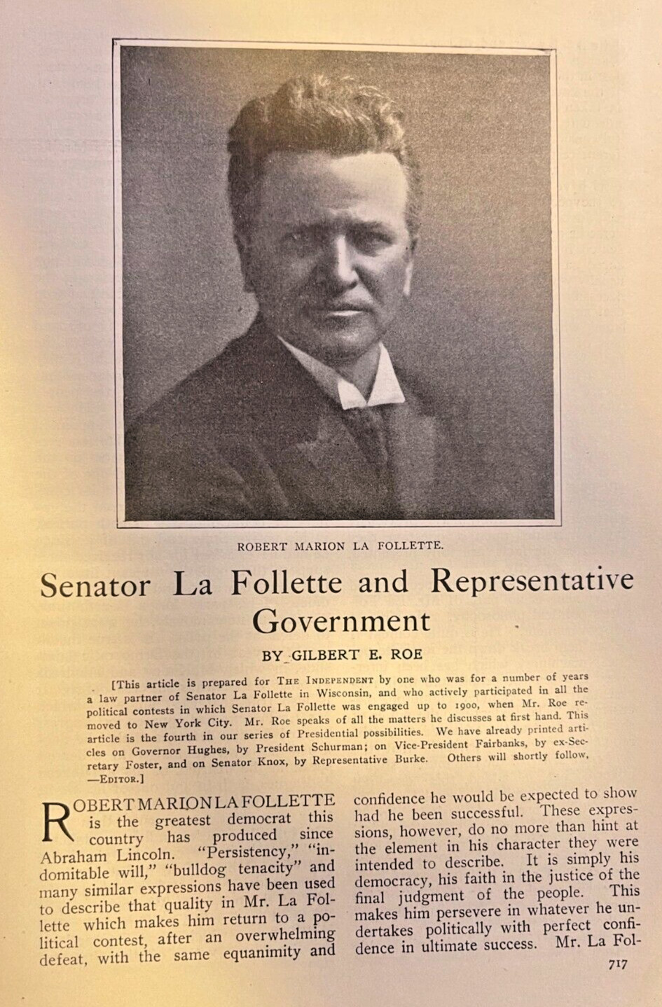 1908 Wisconsin Senator Robert La Follette and Representative Government