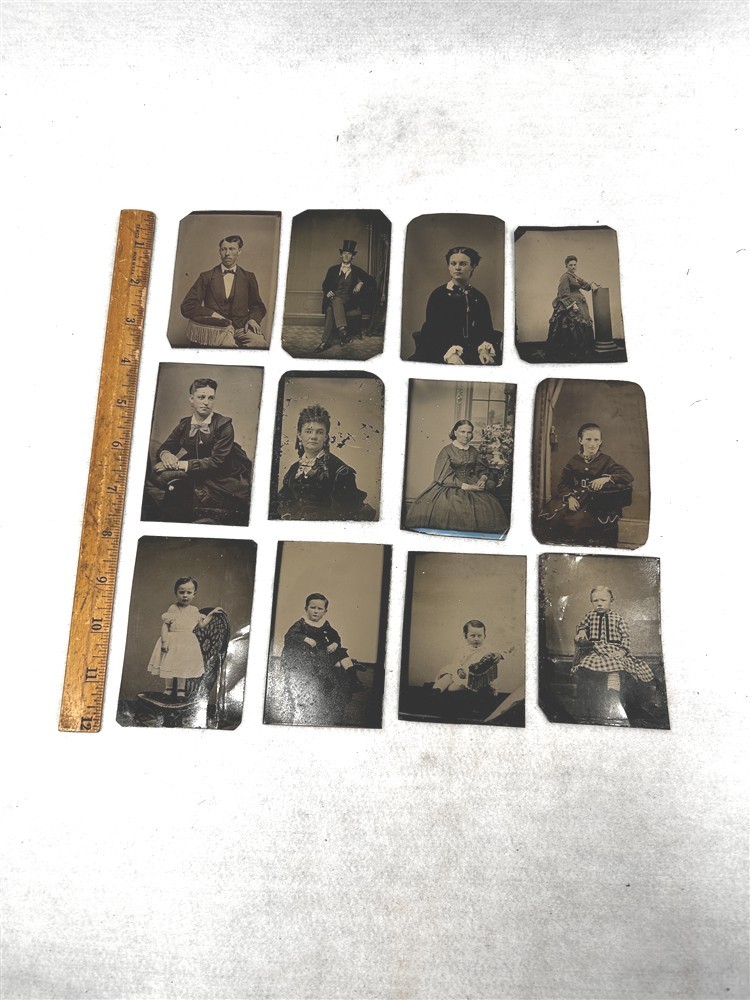 antique photo lot tin type tintype 12 portraits 2.5x3.5 women men children 1800 