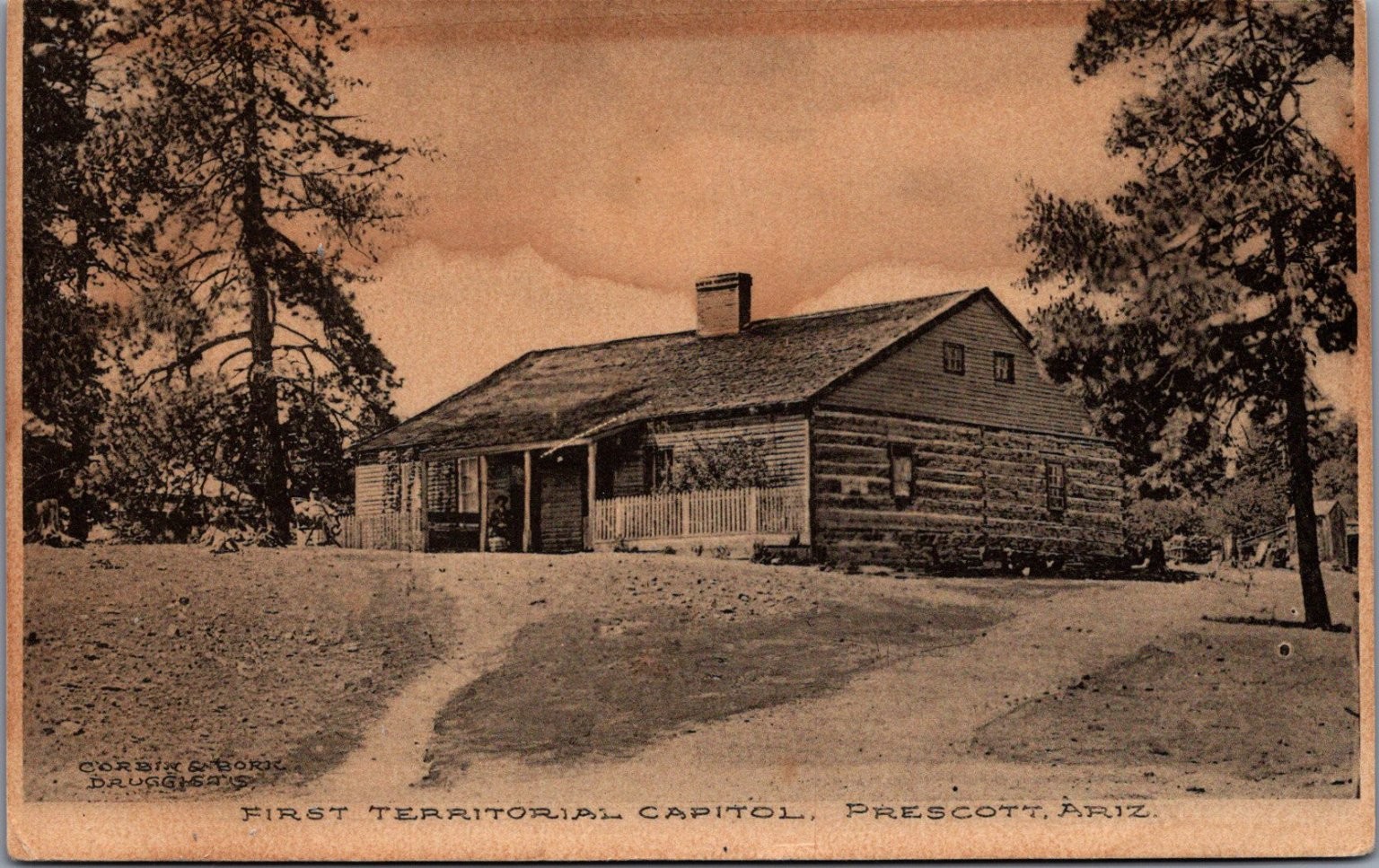 Prescott AZ First Territorial Capitol Log Cabin Albertype Postcard c1900s