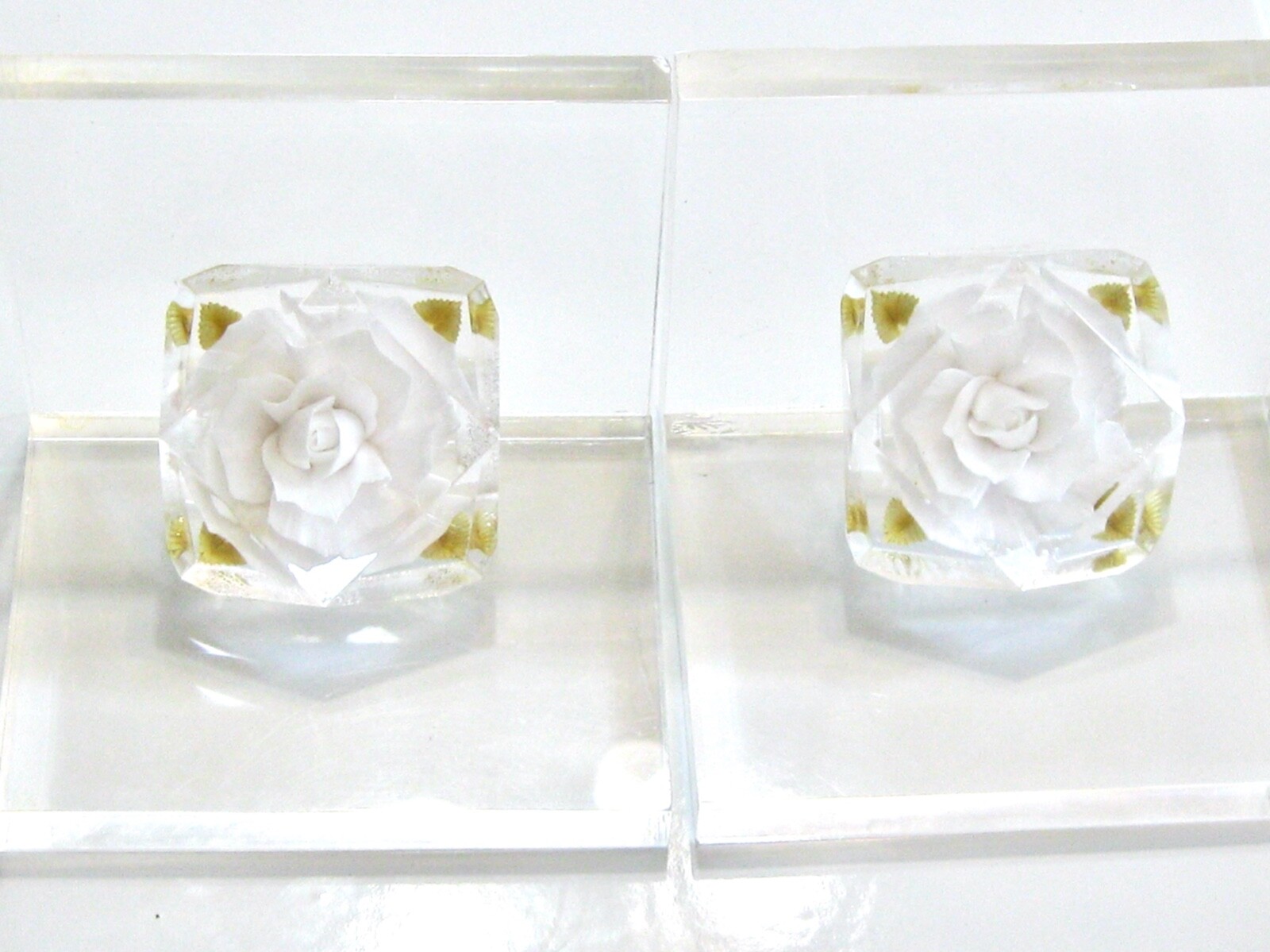 PAIR OR SET OF TWO VINTAGE MIDCENTURY LUCITE CARVED WHITE ROSE BOOK ENDS  - 2