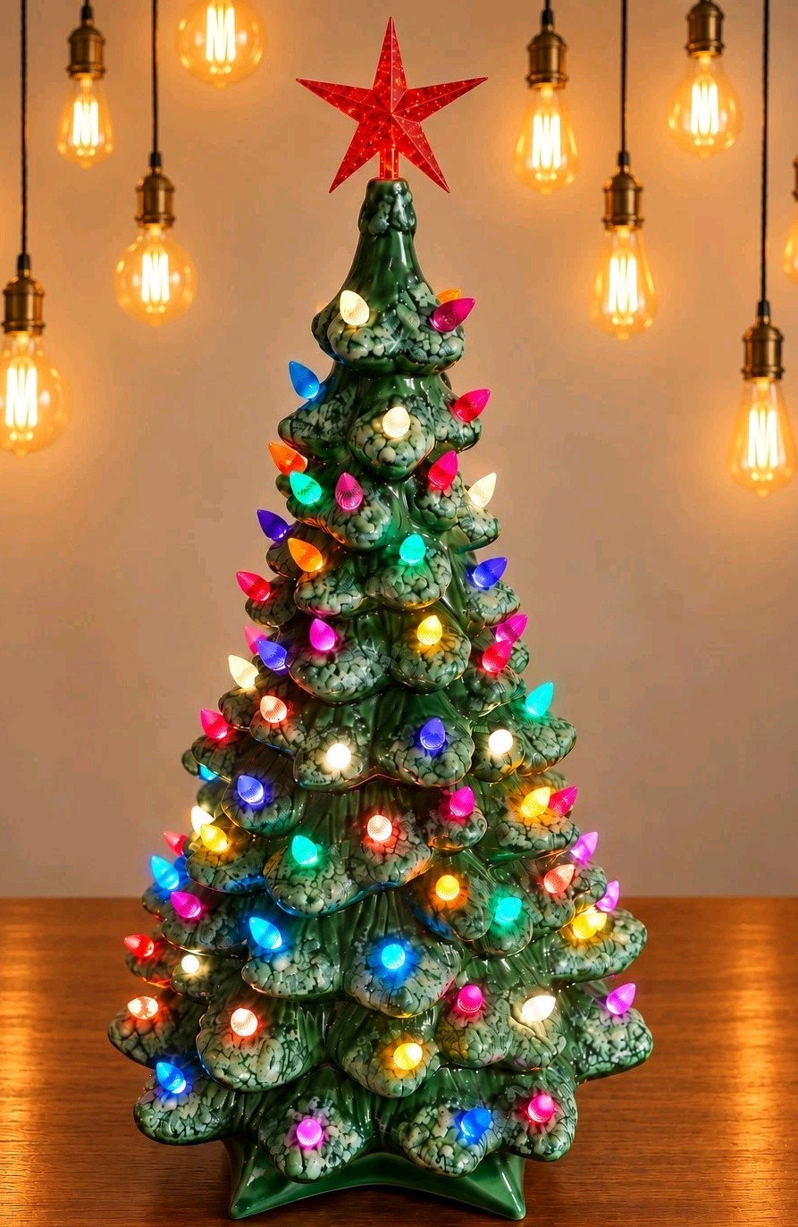 Ceramic Flocked Christmas Tree Vintage 70\'s 21x13\