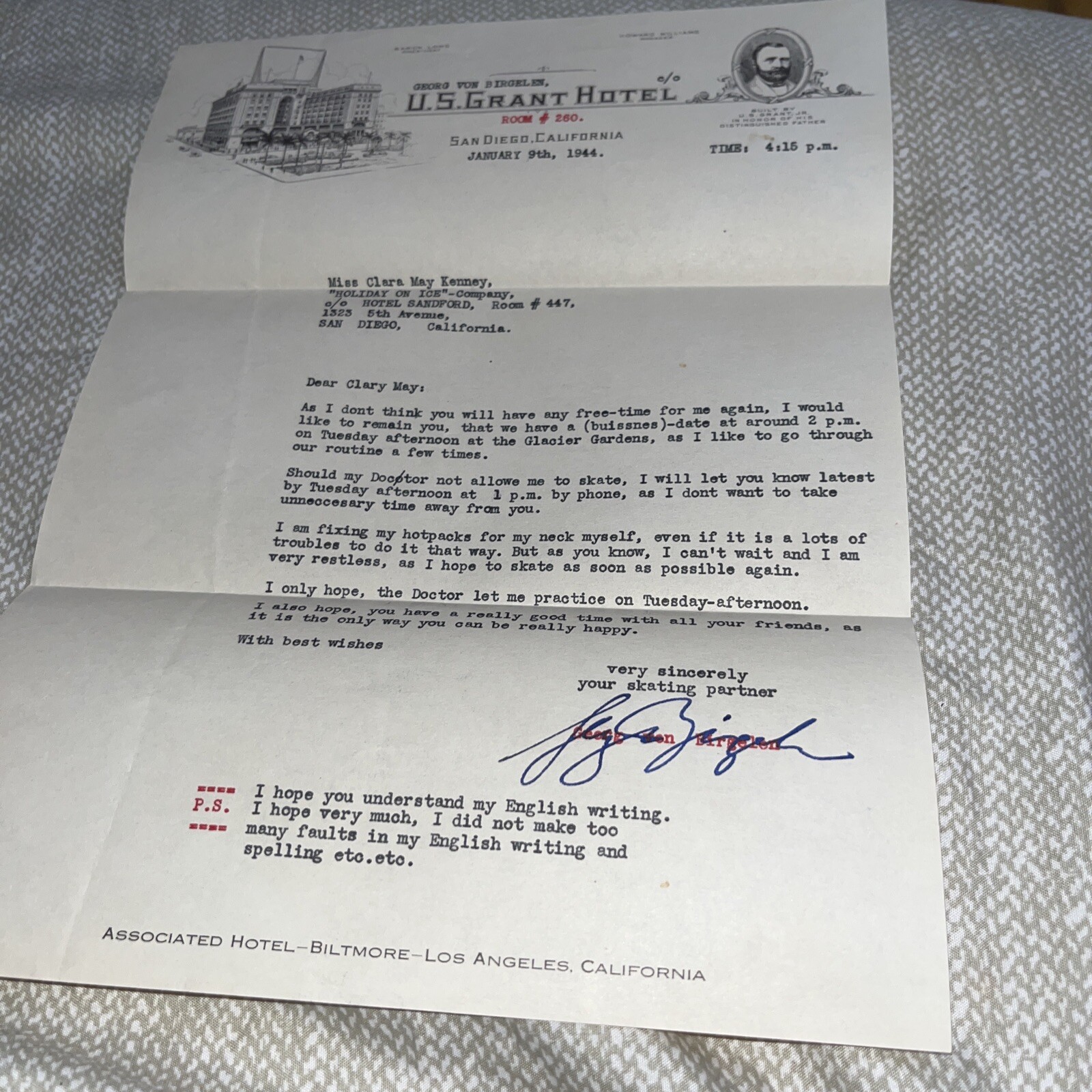 Antique Letter from Ice Skating Champ U. S. Grant Hotel Letterhead San Diego CA