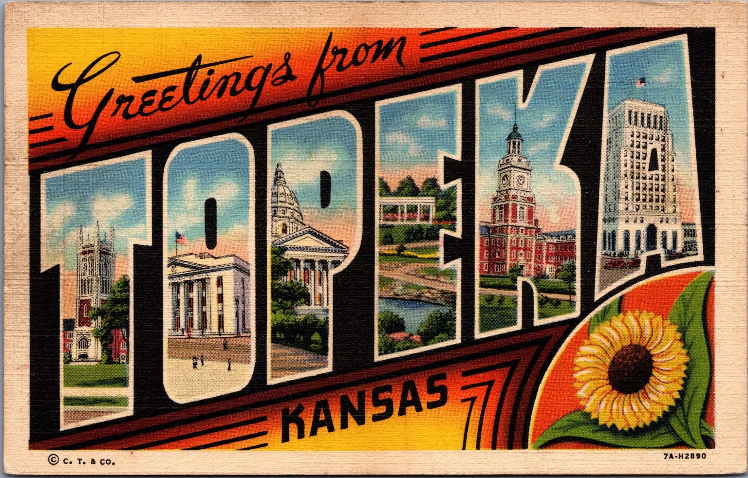 Greetings from Topeka Kansas Linen Postcard - State Capitol Sunflower 1937