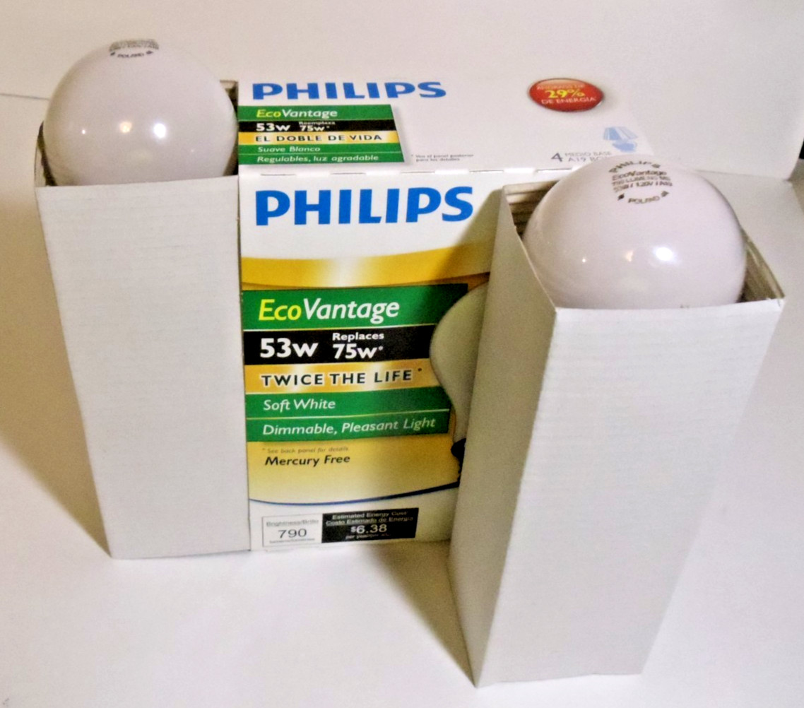 4-Pack Vintage 75W Philips Soft White Double Life A19 Light Bulbs New in Carton