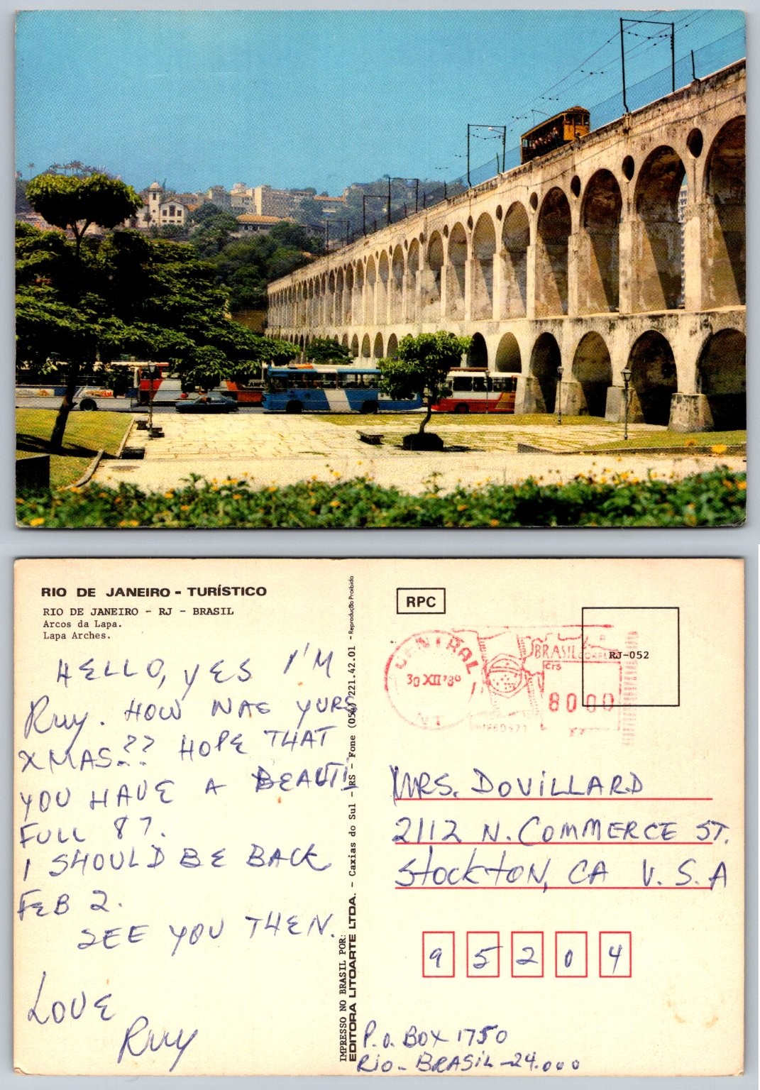 Rio de Janeiro Arcos da Lapa Brazil Tram Litoarte 1980 Postcard