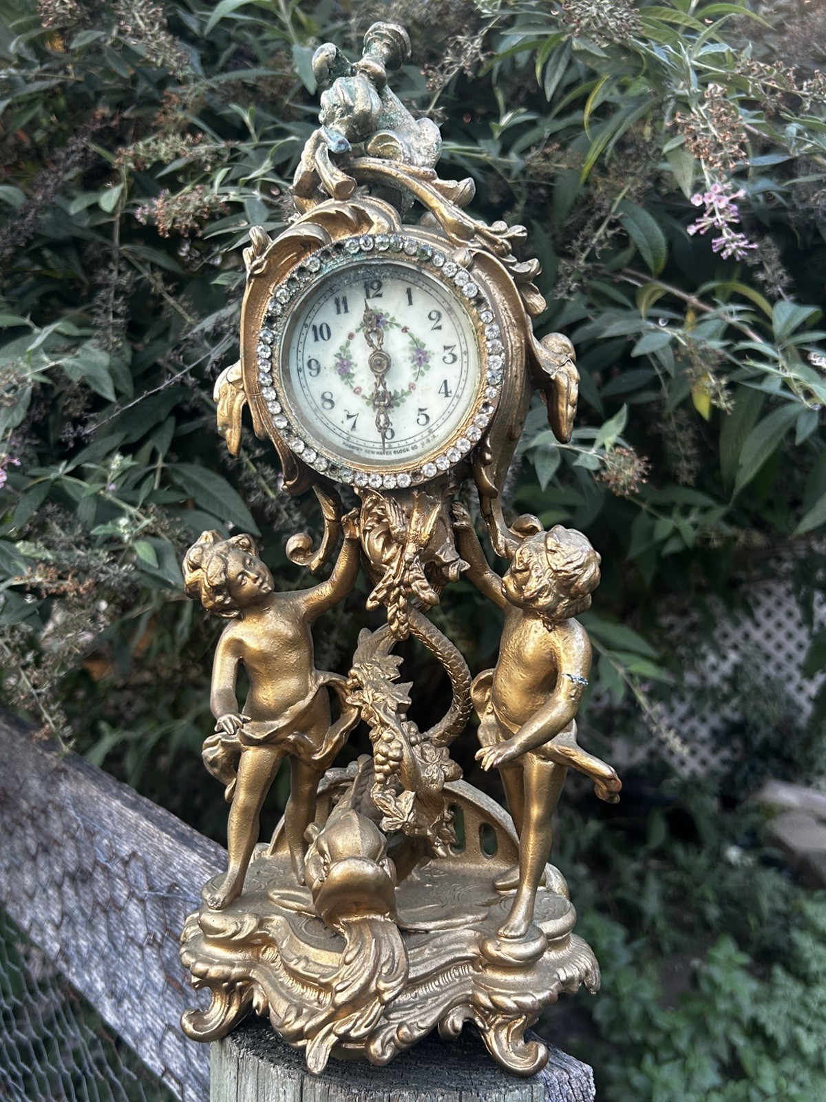Ornate Antique Rococo New Haven Mantel Clock with Figural Cherubs & Dolphin Old