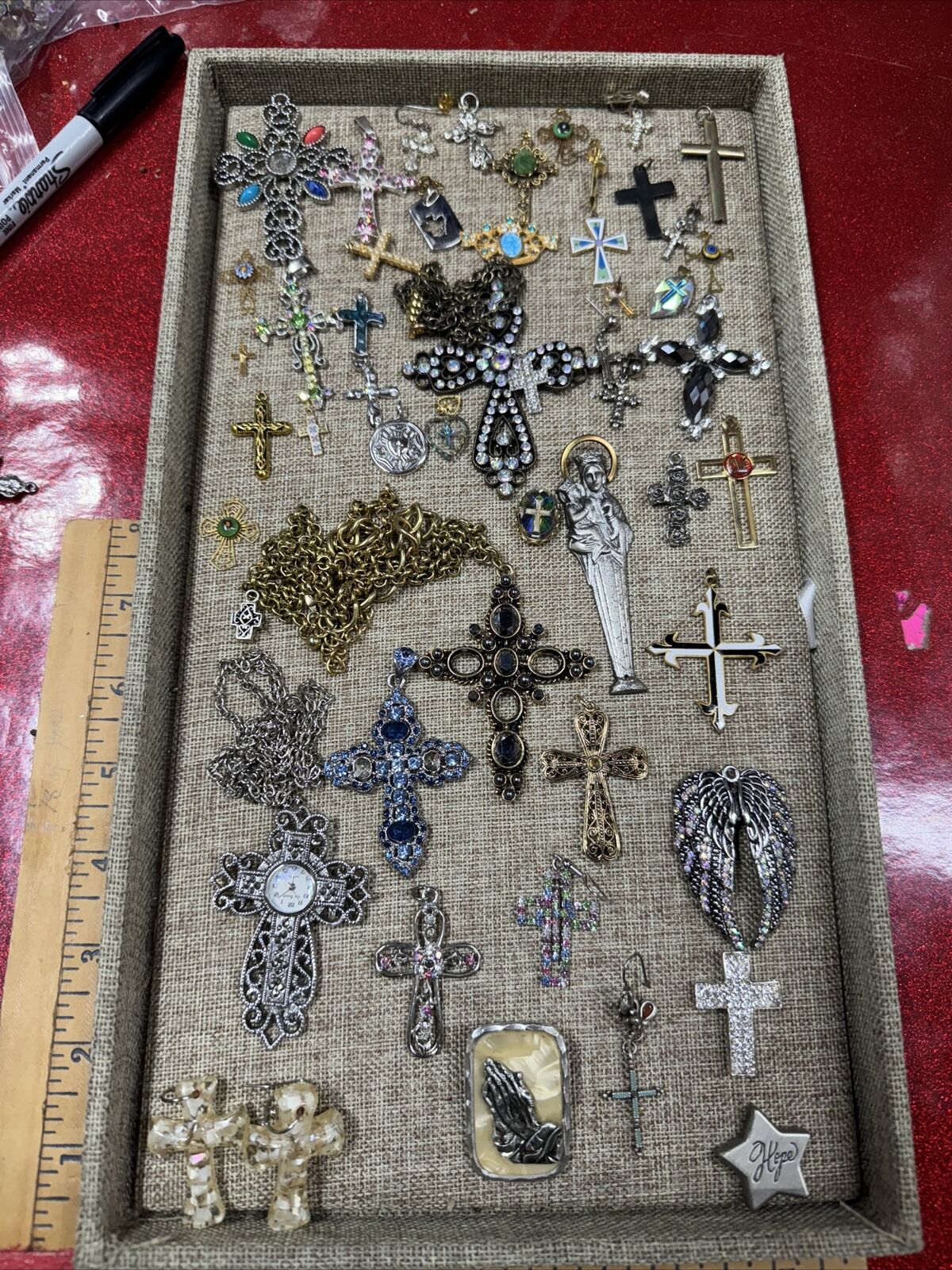 Religious Lot Mixed Junk Drawer Jewelry Lot Vtg- Mod Charms, & More J-17