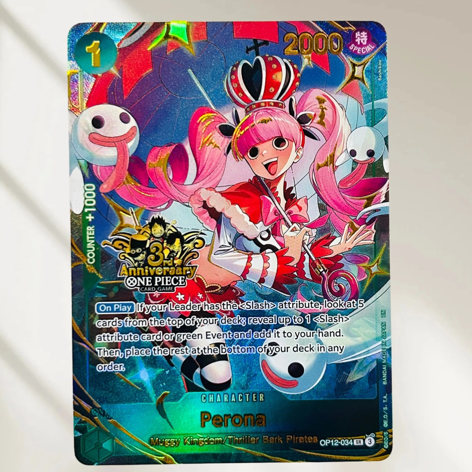 One Piece Perona OP12-034 Anniversary Holographic Collectible Card