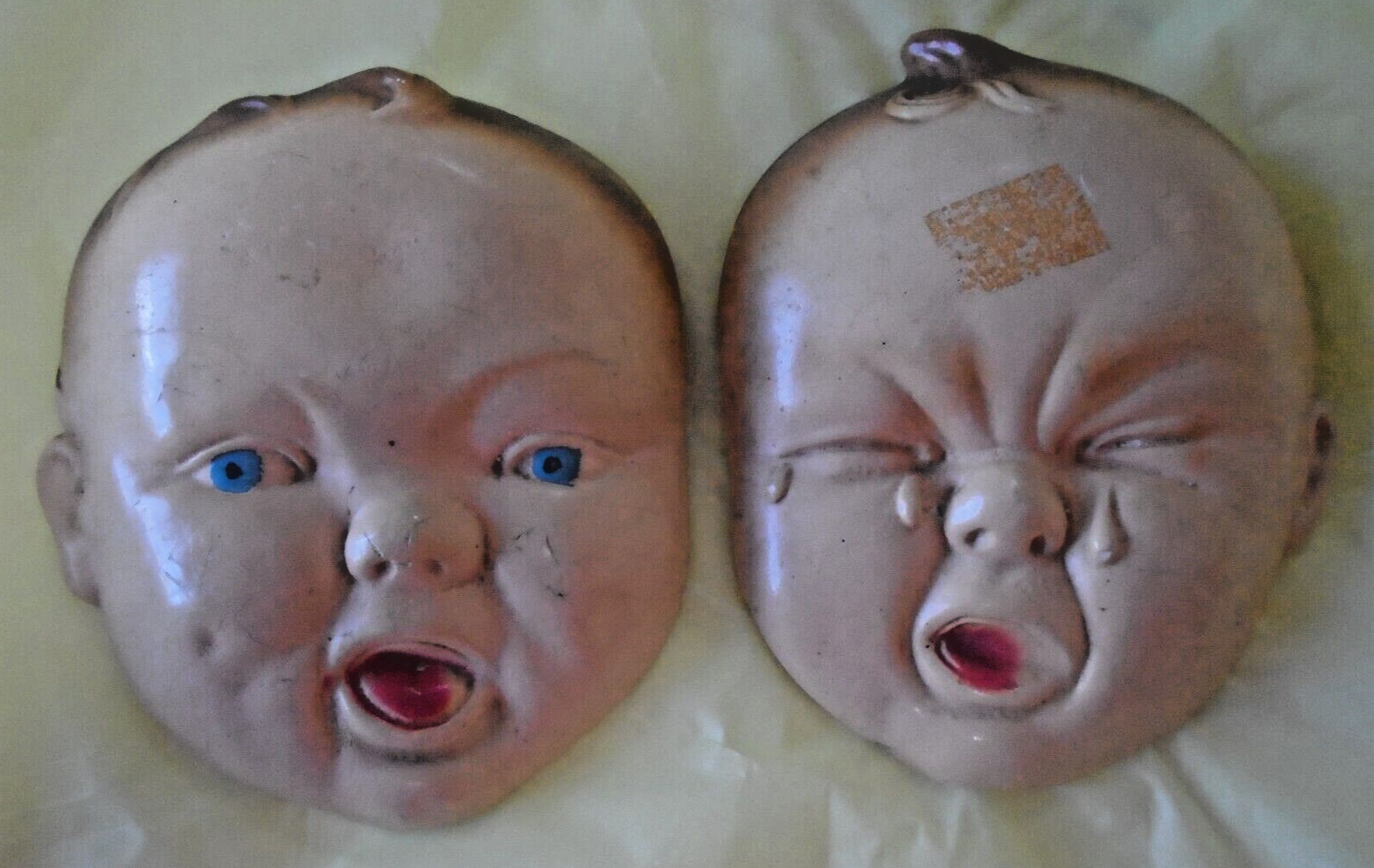 Vintage Pair Baby Face Chalkware Plaster Head Wall Plaques 1940s? 1 Crying 1 Not