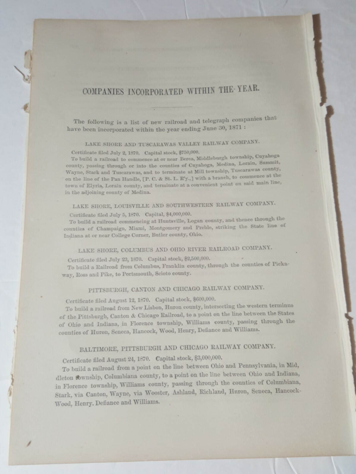 1872 train document New railroad Companies Incorporated in Ohio 1870 to 1871 