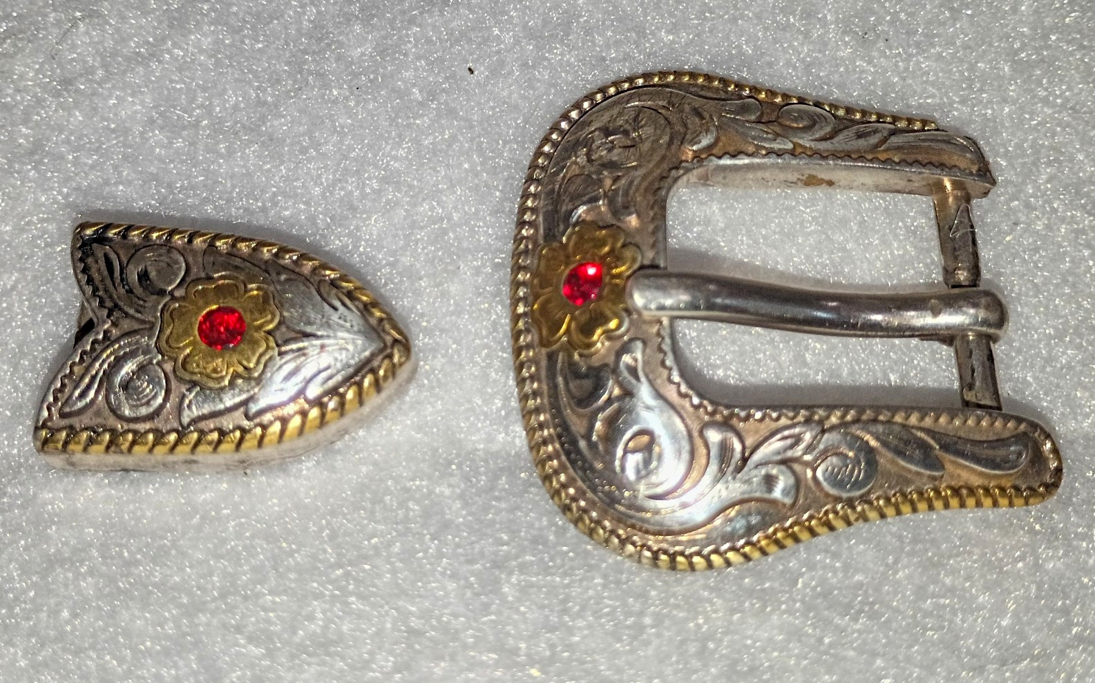 14k Sterling Silver Ranger Belt buckle Ruby Stones 2 pc