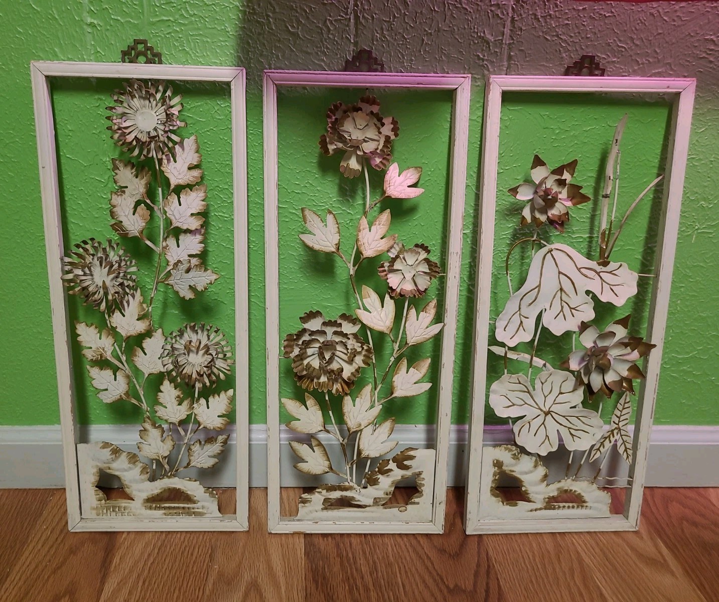Vintage MCM Floral Themed Tole-painted Metal 3D Wall Plaques Garden Hanging Art