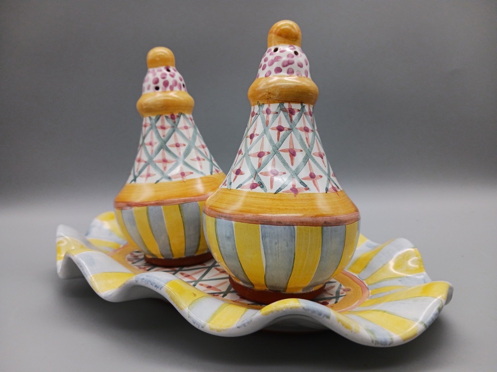 Vintage Mackenzie Childs Pastel Salt and Pepper Shakers and Underplate - 1998 