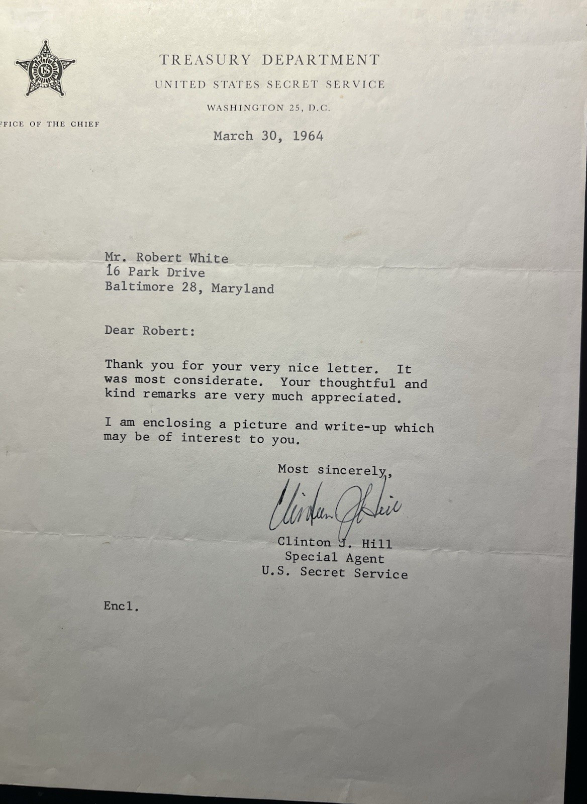 CLINT HILL SIGNED ORIG. 1964 LETTER TO RENOWNED JFK COLLECTOR ROBERT WHITE