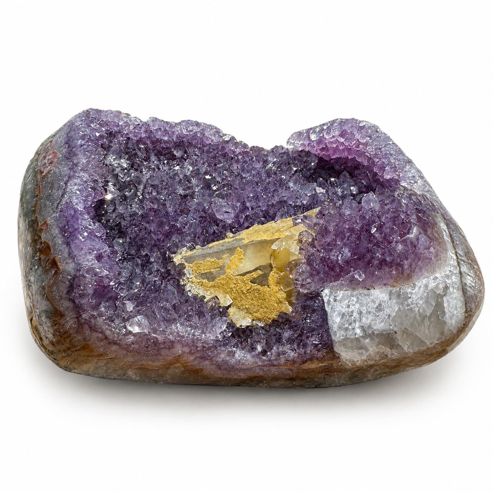 Deep Purple Amethyst Geode Cluster with Calcite - Natural Crystal Decor