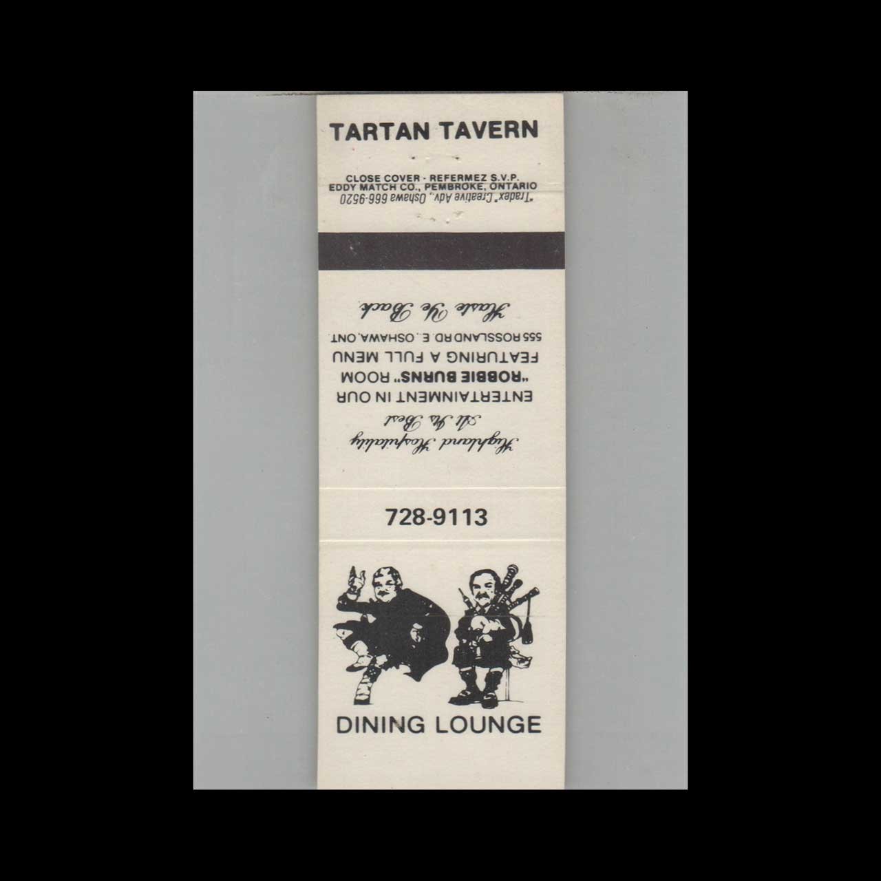 Matchbook Cover Tartan Tavern Oshawa ON