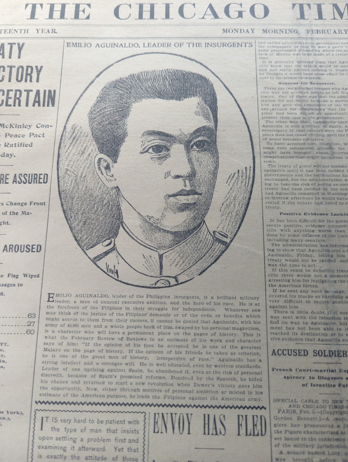 FEB 6, 1899 NEWSPAPER PAGE #3041- EMILIO AGUINALDO, LEADER OF THE PHILIPPINES 