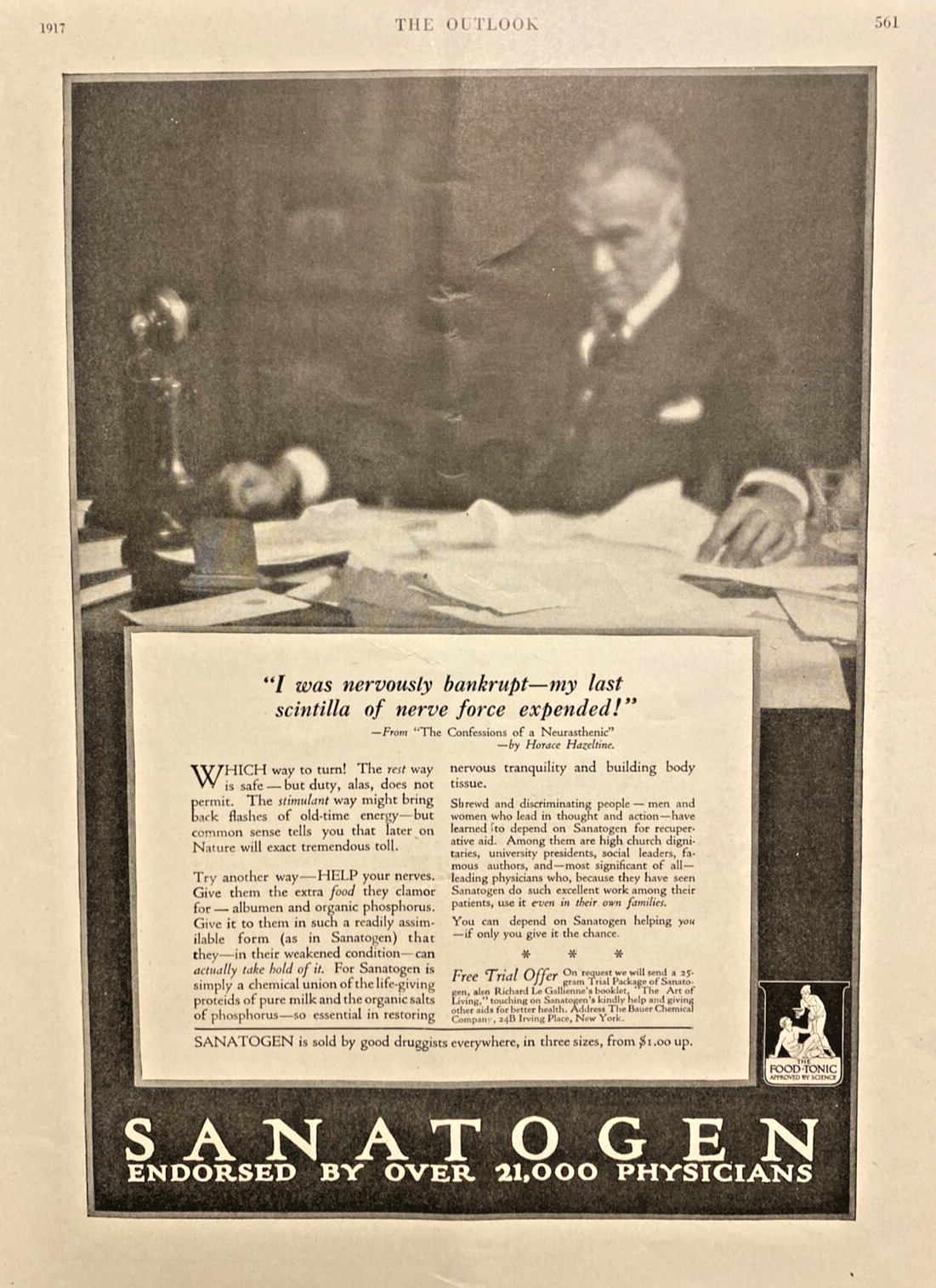 1917 SANATOGEN Tonic Vintage Print Ad 9x12\