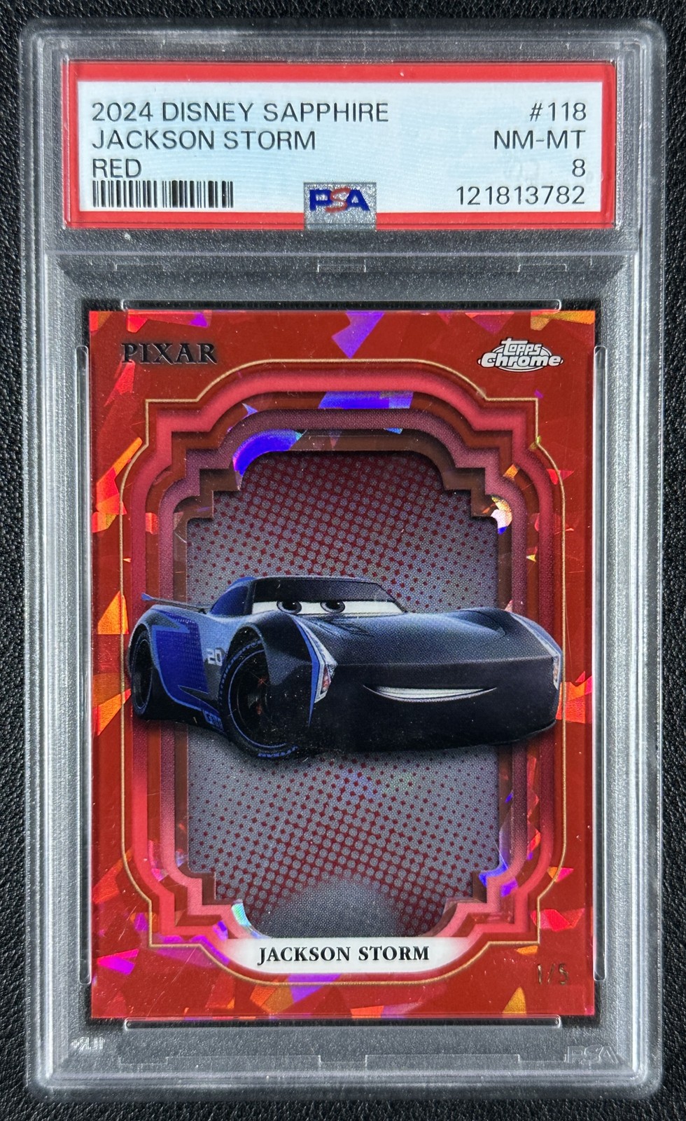 JACKSON STORM PSA 8 2024 TOPPS CHROME DISNEY SAPPHIRE #118 RED REFRACTOR 1/5