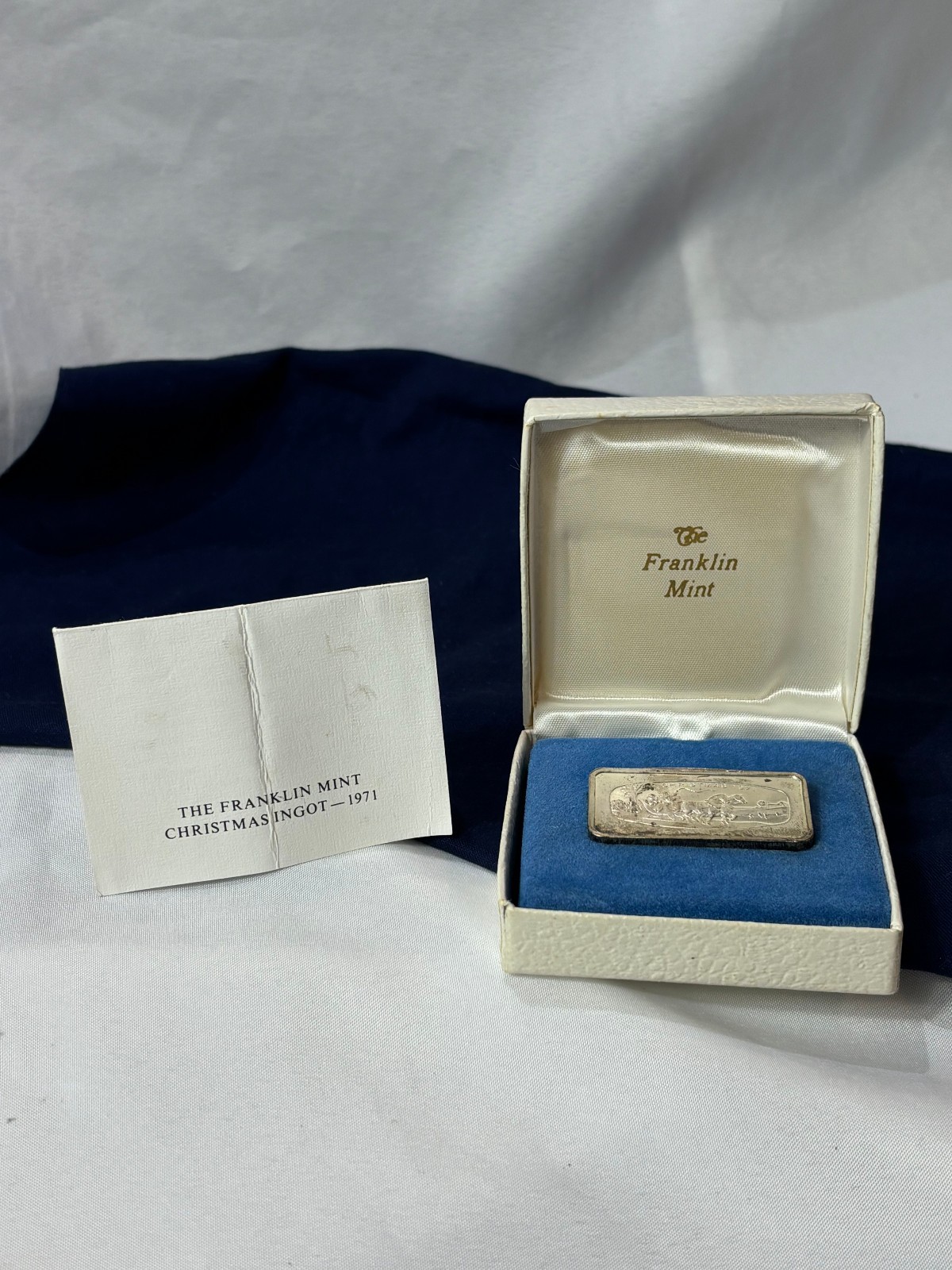 .925 Sterling Silver Ingot Proof 1971 Franklin Mint SLEIGH SCENE 1000 Grains