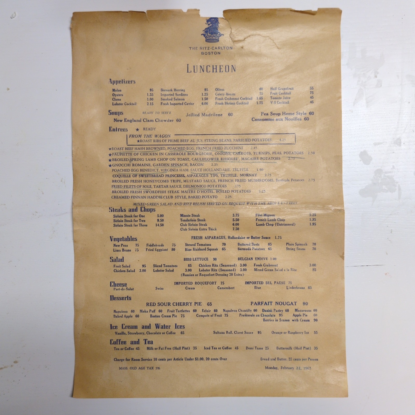 1965 THE RITZ-CARLTON BOSTON Luncheon + Cafe Dinner Menu Lot