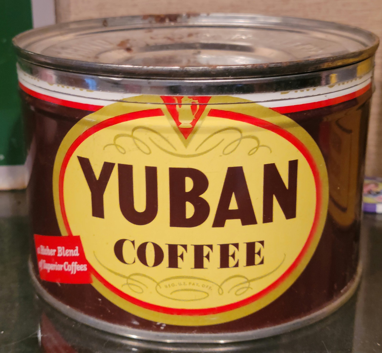 MINTY 1950S YUBAN COFFEE TIN CAN 1 POUND SAN LEANDRO CALIFORNIA ORIGINAL LID #2