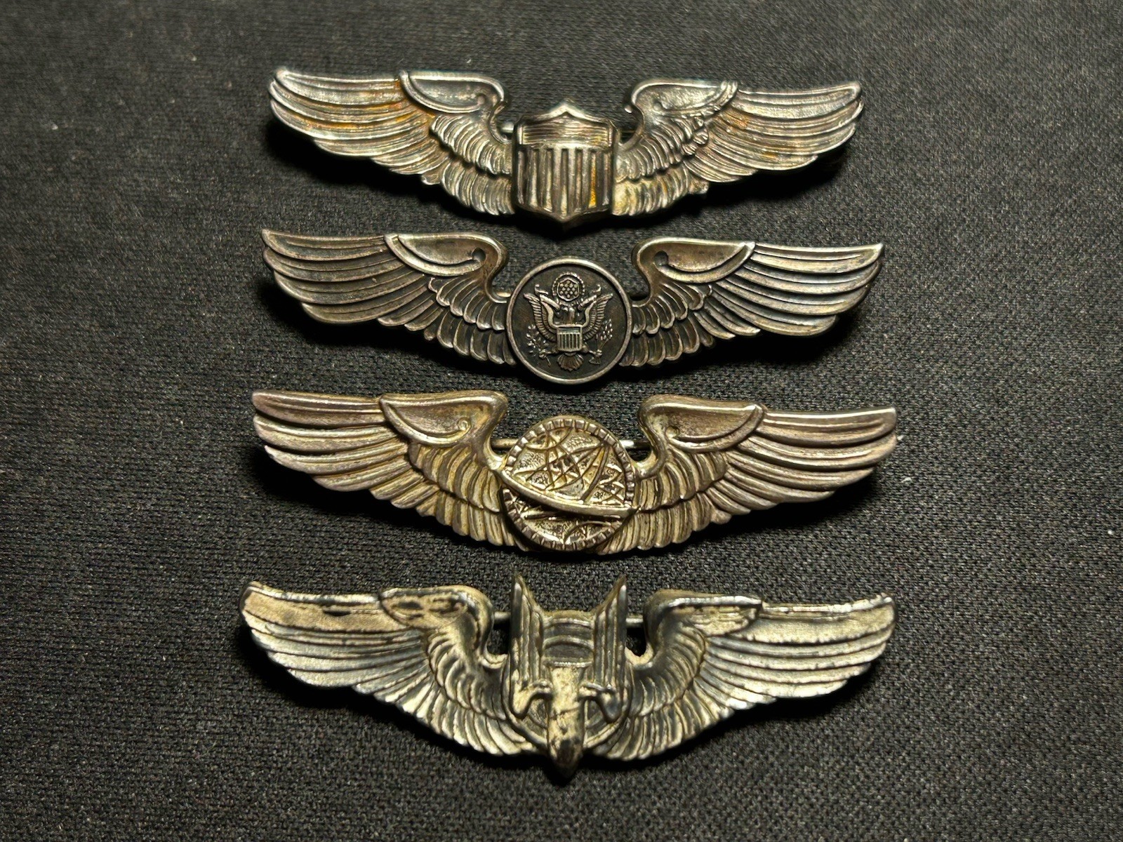 Lot Of 4 WW2 AAF Navigator, Pilot, Crew, And Ariel Gunner 2 Inch Sterling Wings