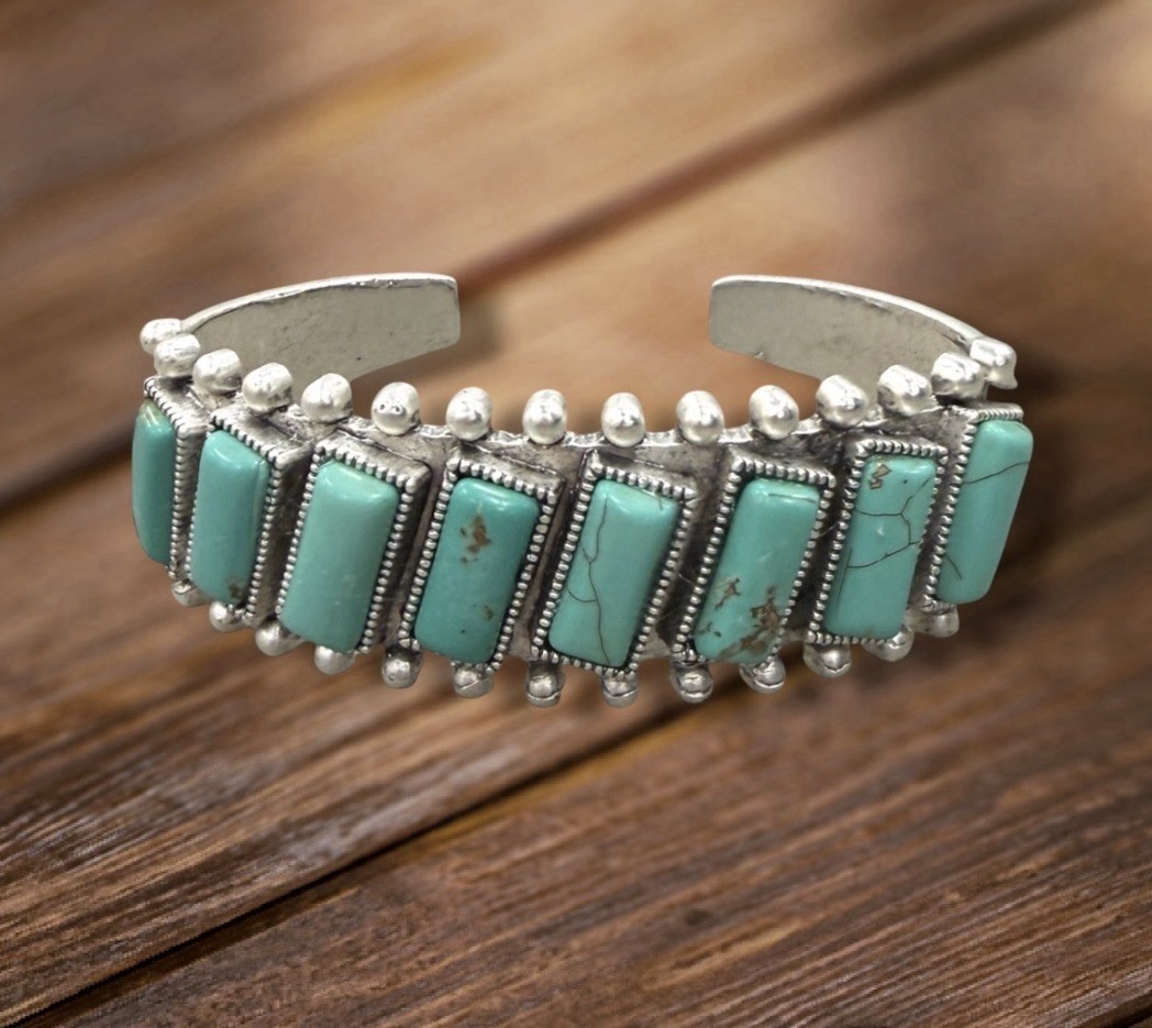 Turquoise Cuff Bracelet Silver Tone Handmade Native American Style
