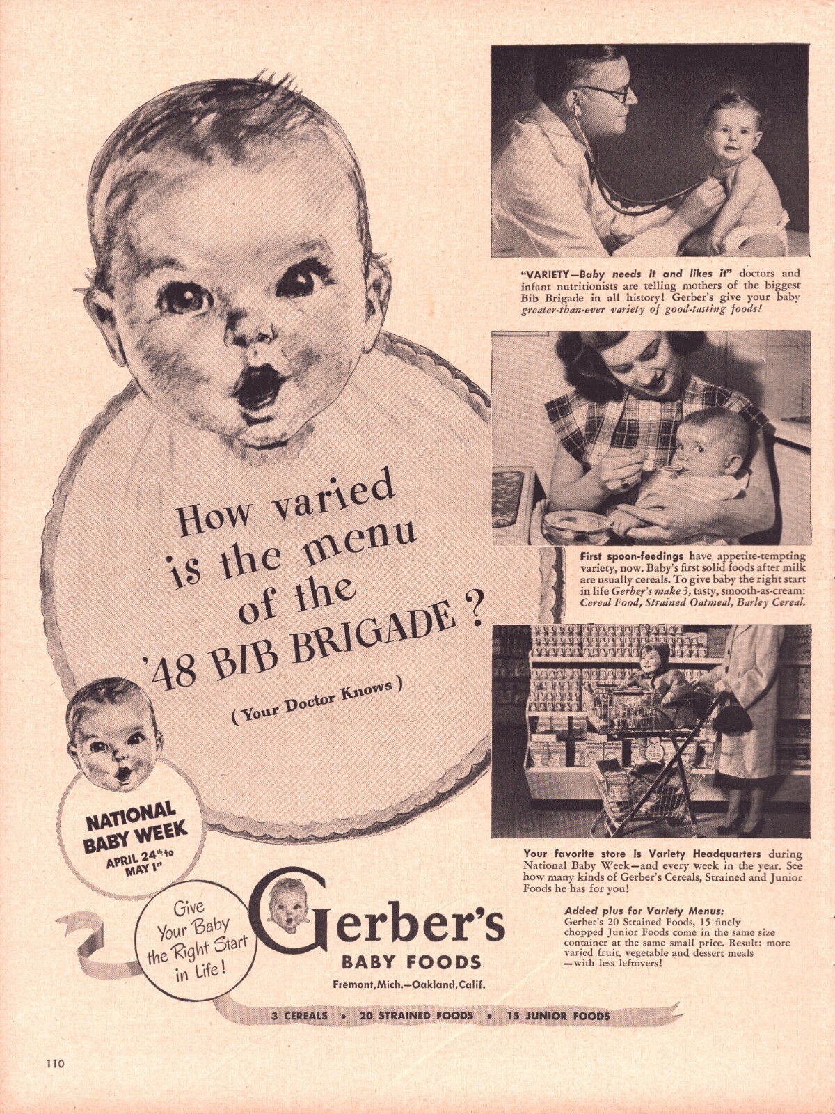 1948 Gerber\'s Baby Food Print Ad National Baby Week Bib