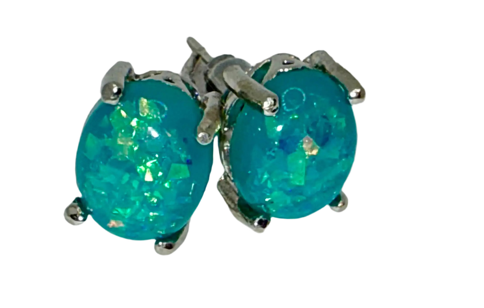 Silver-Tone Blue Iridescent Stone Stud Earrings