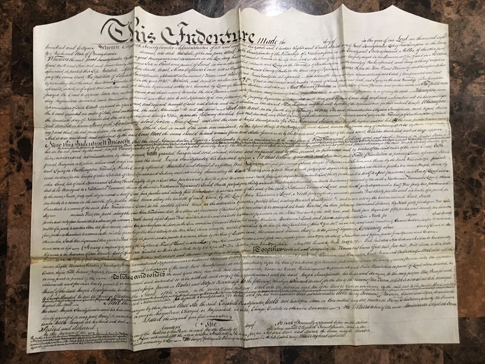 Rare Vintage Original 1846 Bucks County PA. Land Deed Indenture 19”x 23”