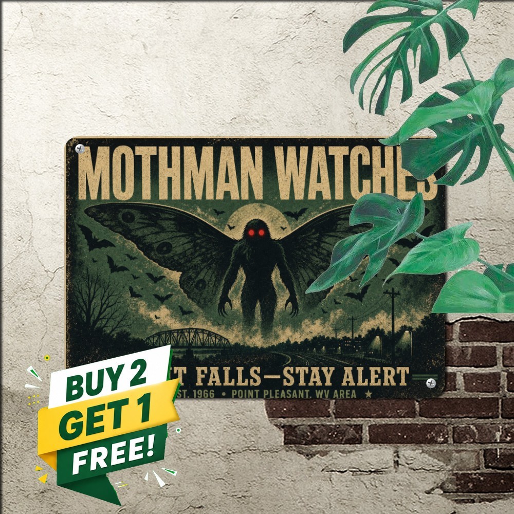 Cryptid Mothman Creature Silhouette Night Woods Decor Plaque Metal Tin Sign