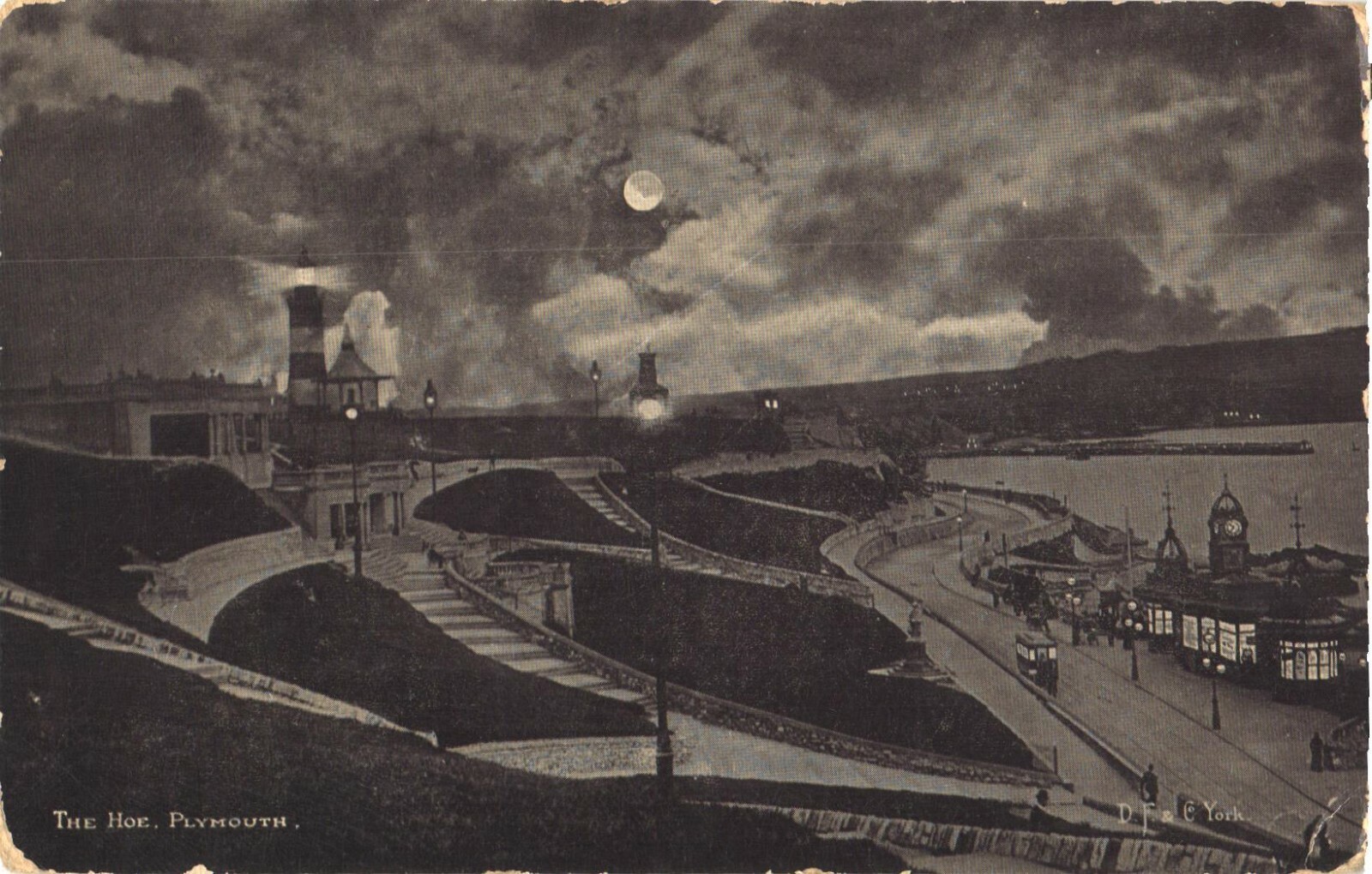 Plymouth England The Hoe Smeaton\'s Tower Lighthouse Night DB Postcard c1910