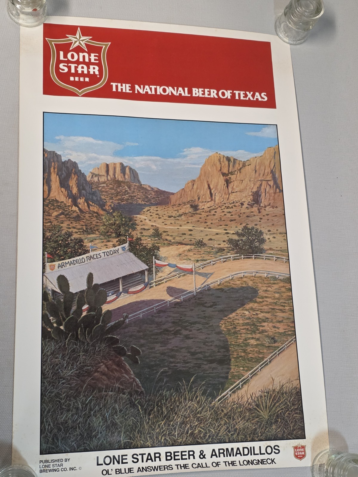 Vintage 1974 Lone Star Beer Poster Jim Franklin Armadillo Texas Ol Blue Longneck
