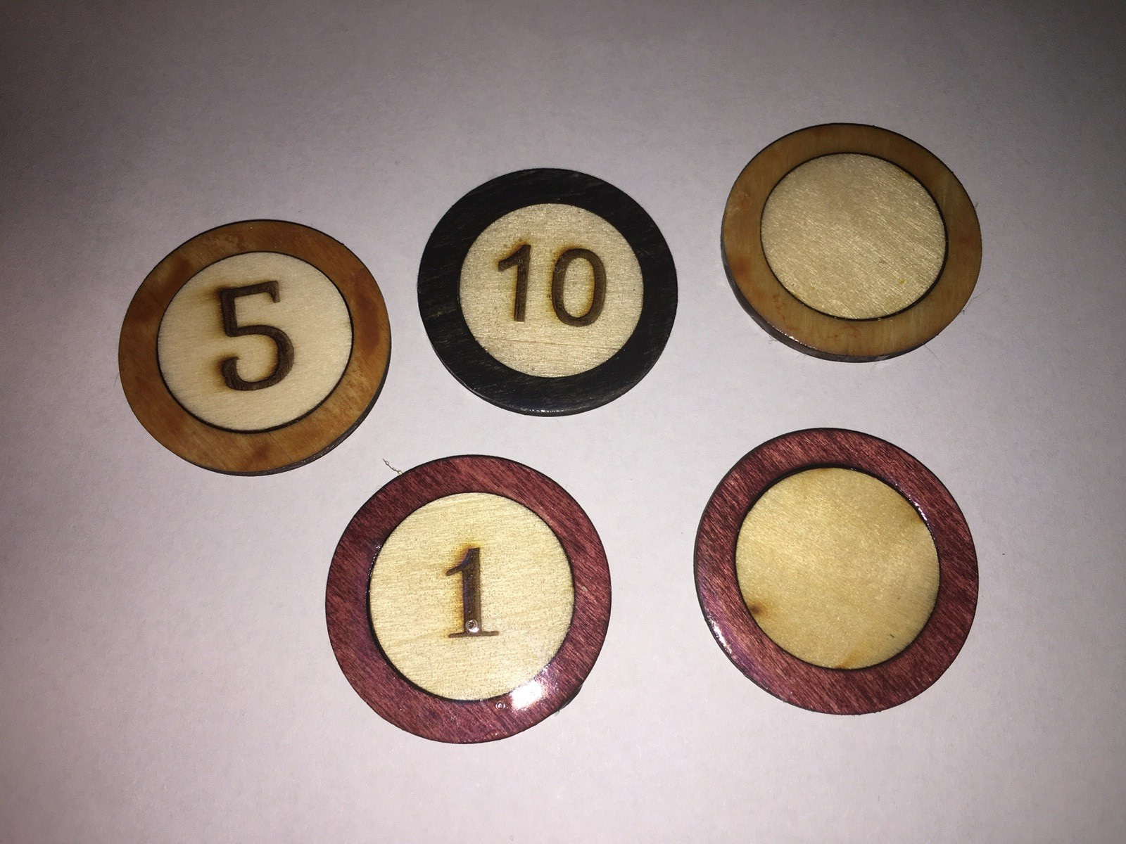 5 vintage wood hand carved poker chips