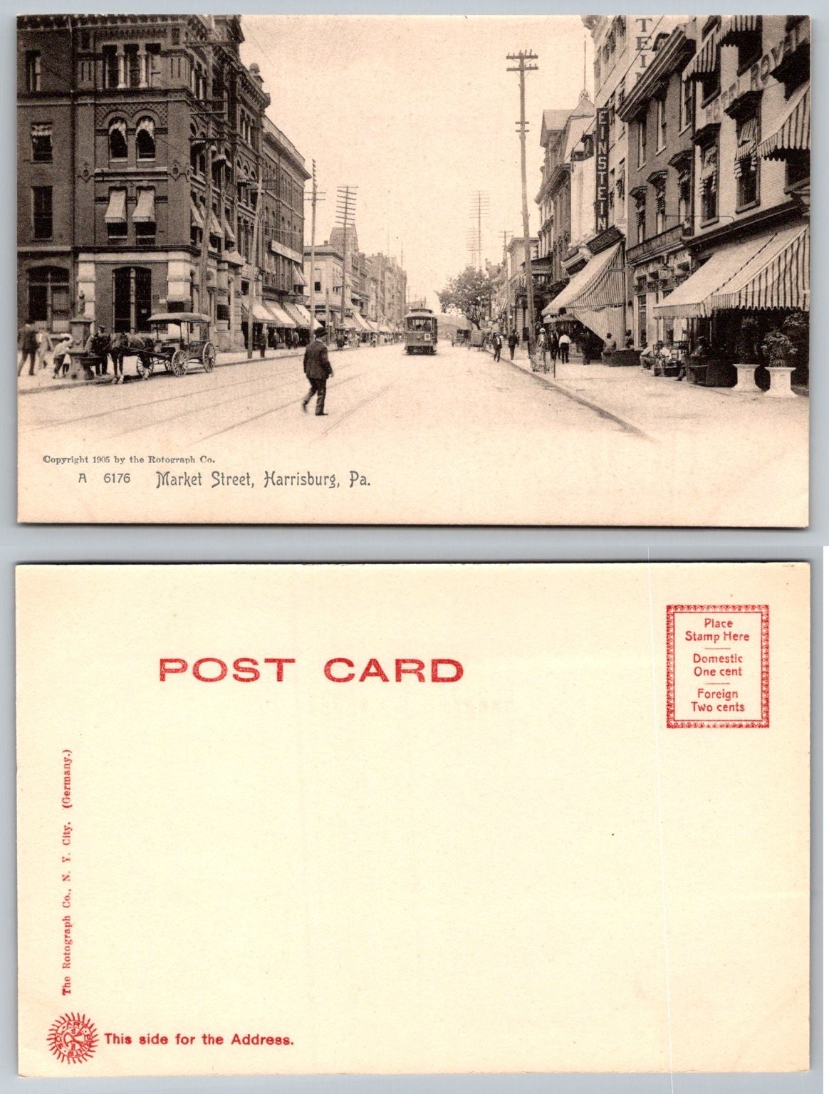 1905 Market Street Harrisburg PA Rotograph Postcard - Horse Car Trolley City