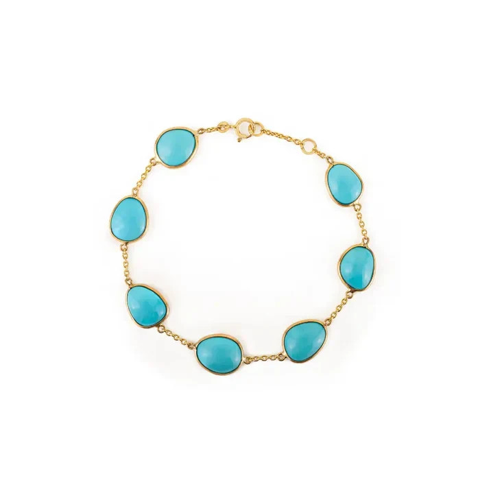 Dainty Bezel Set Sleeping Turquoise Station Bracelet In 14K Yellow Gold Over 7\