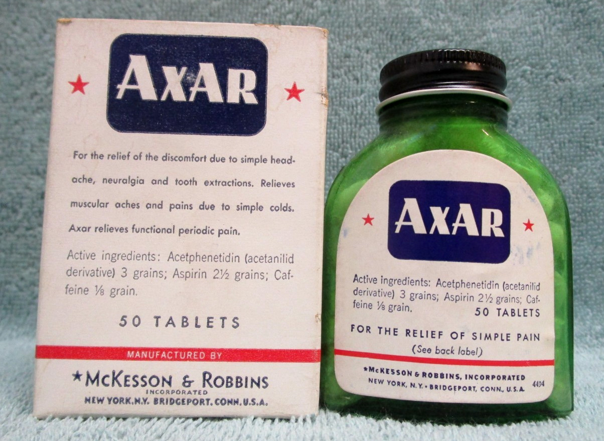 VINTAGE NOS AXAR HEADACHE COLD TABLETS BOTTLE MCKESSON & ROBBINS NEW YORK N.Y.