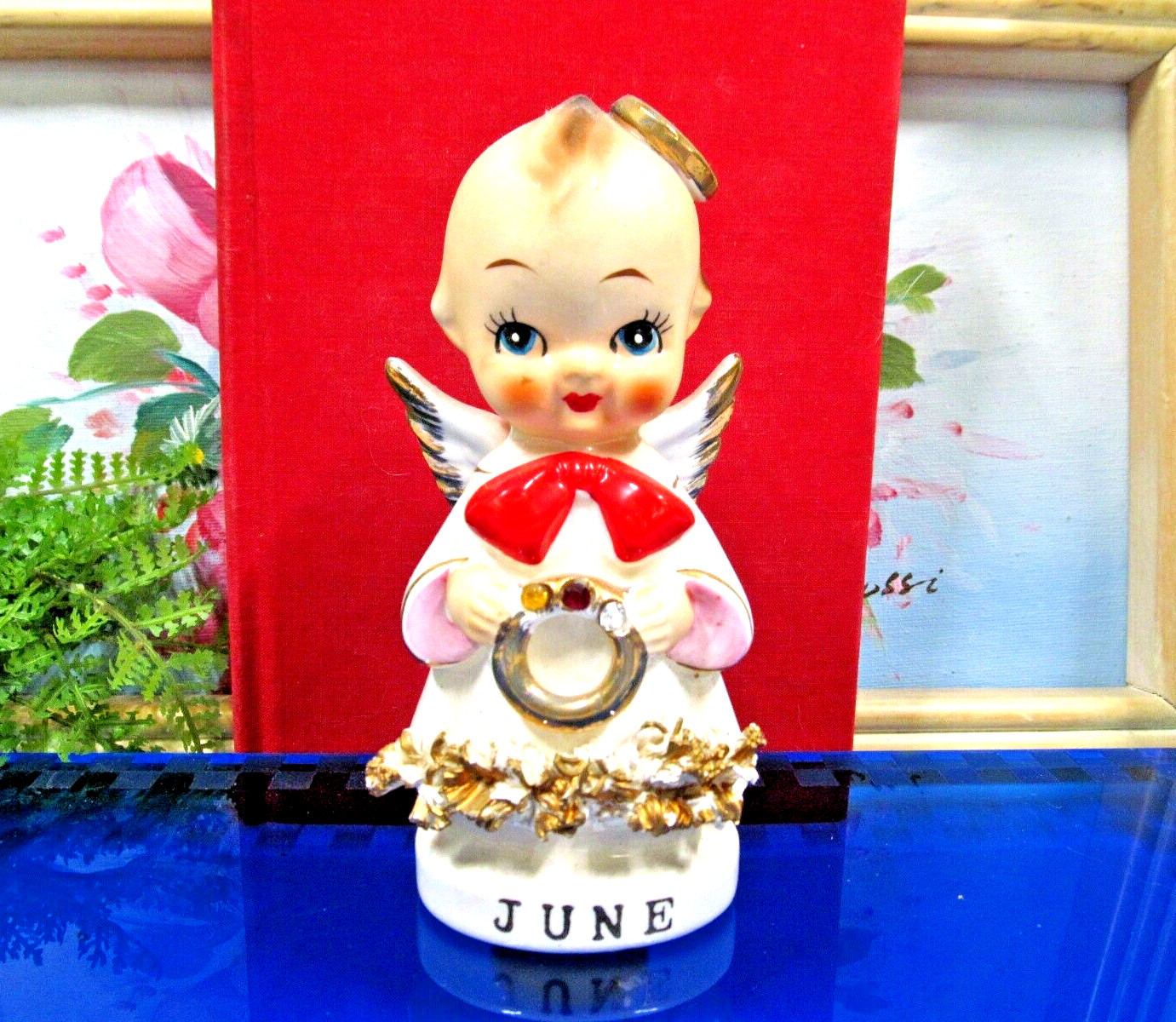 Vintage Ardalt June Birthday angel Kewpie Rhinestone Japan  painted  