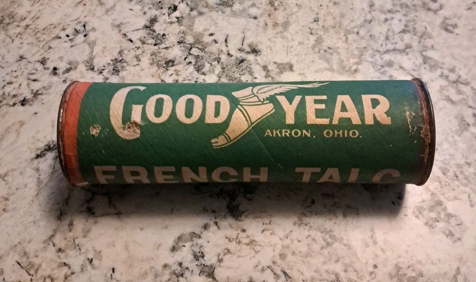 antique GOODYEAR TIRE FRENCH TALC with CONTENTS akron oh RARE