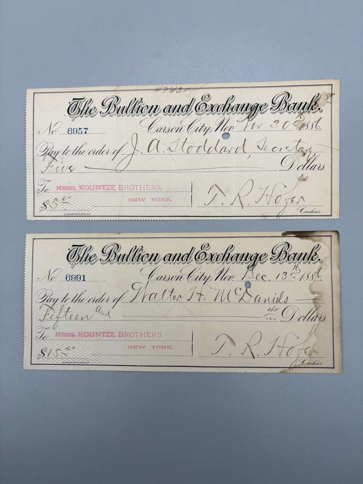 Lot of 2 1886 Carson City NV Bullion & Exchange Bank Check TR Hofer CC Mint Supt