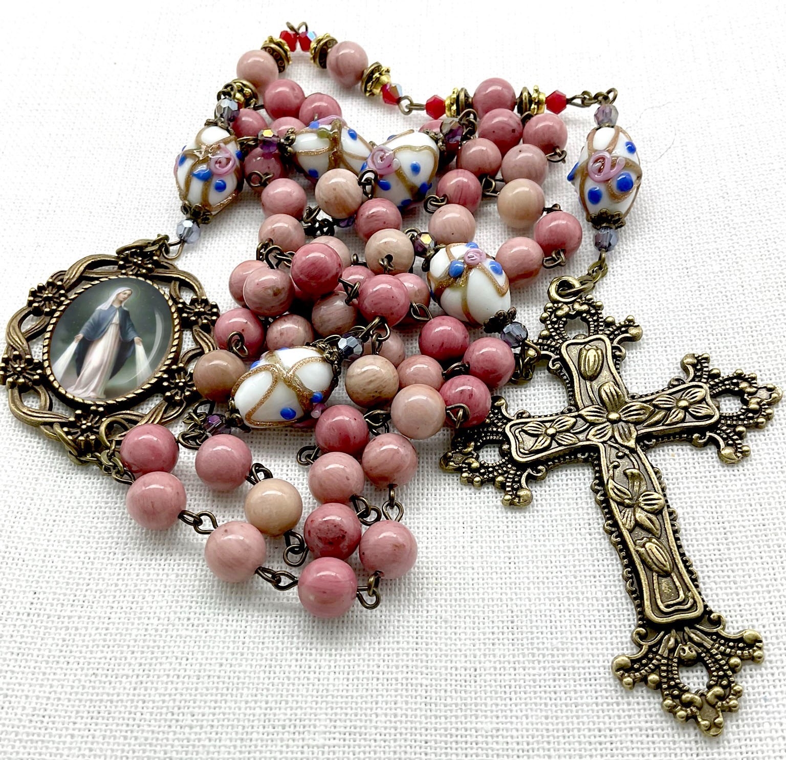Rhodonite Rosary Immaculate Mary Victorian Cross Antique Catholic Heirloom Gift
