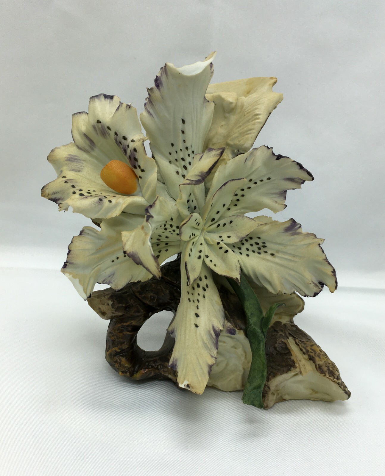 Vintage Capodimonte Porcelain Vase with Flowers on Log  Crown N Mark