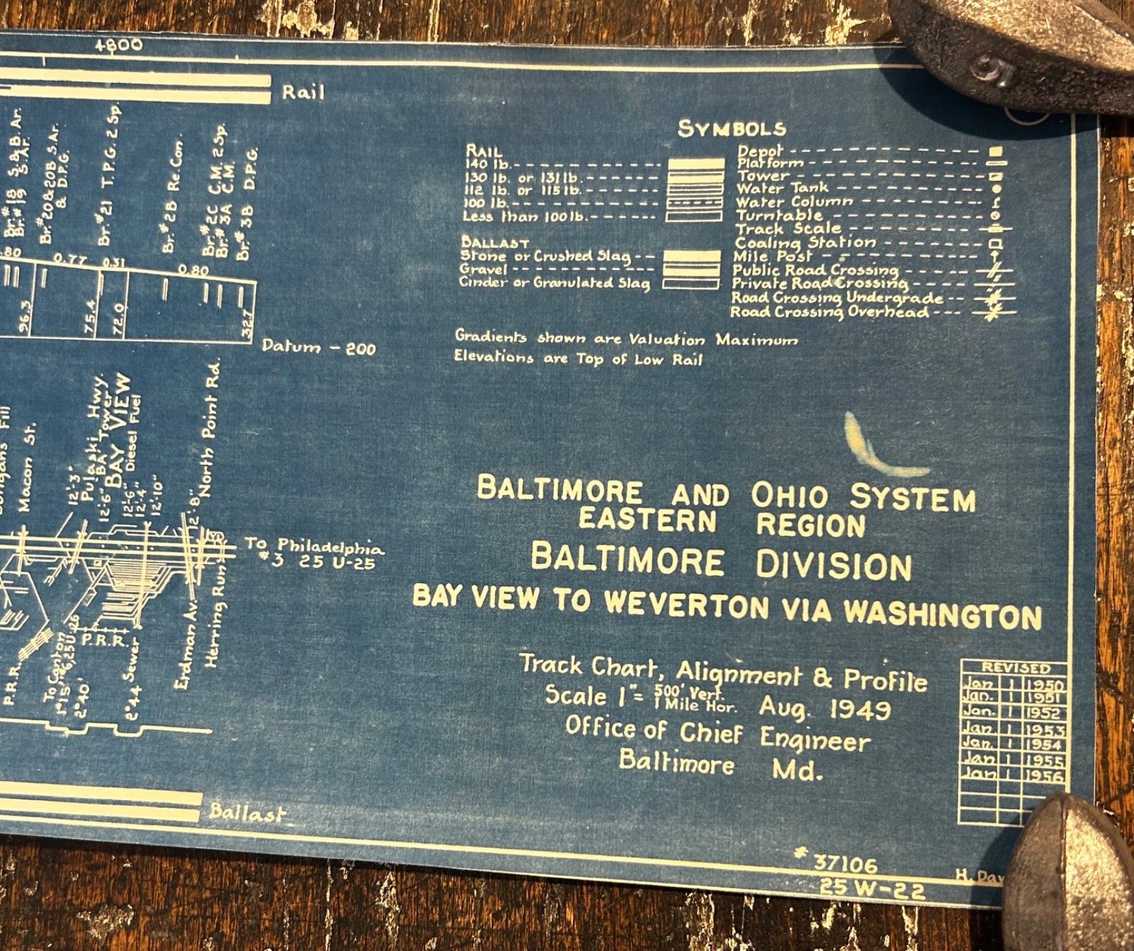 Rare 1949 Track Cart BLUEPRINT Map BALTIMORE and OHIO B & O RAILROAD 6” X 110”