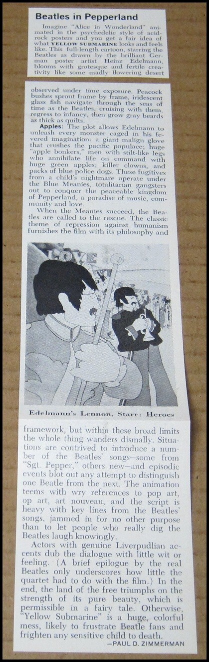 1968 The Beatles Yellow Submarine Newsweek Article Clipping Movie John Lennon