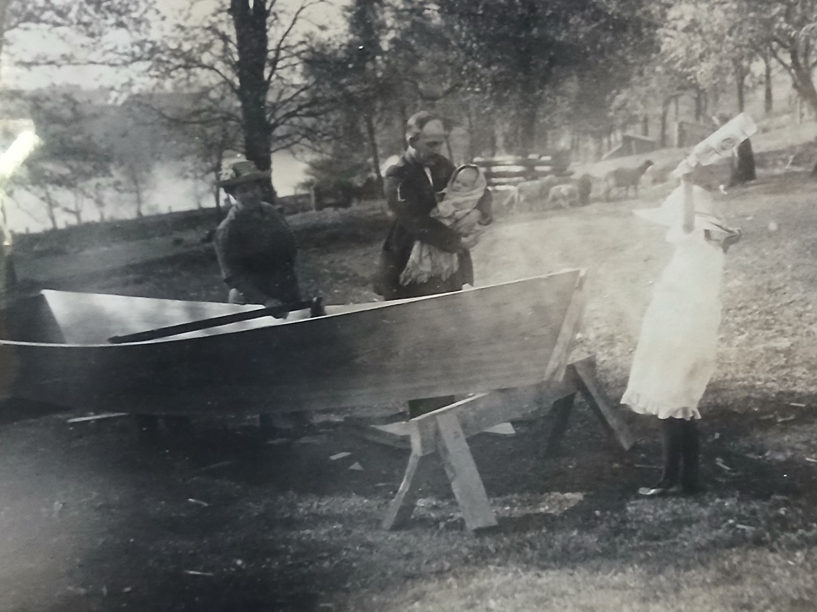 Homemade Wooden Boat Christening Vintage Photo 1910s Rural Family Launch Sepia
