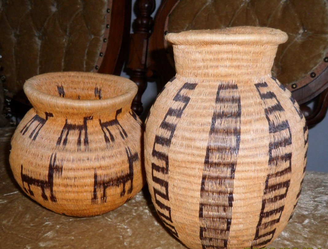 Two Vintage Rainforest Panamanian Weaved Baskets Set with Animals