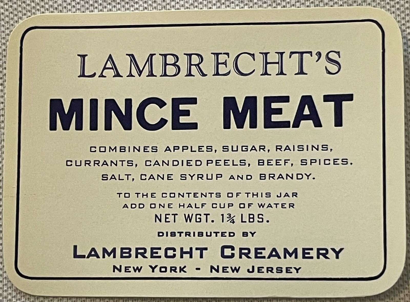Antique Lambrecht\'s Mince Meat Jar Label 🏷️ Creamery NY NJ 1910s-1930s NOS