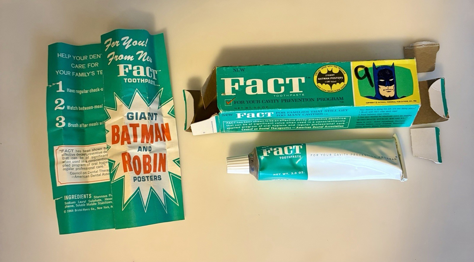 VINTAGE 1966 BATMAN FACT TOOTHPASTE BOX TUBE FLYER COMPLETE PROMO SET BATMANIA