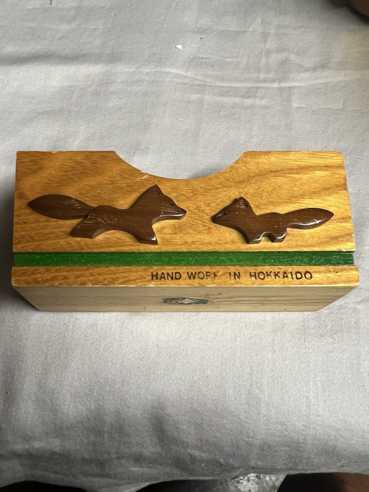 Vintage Japanese Hokkaido Woodcraft Foxes Desk Organizer Hand Made - Japan